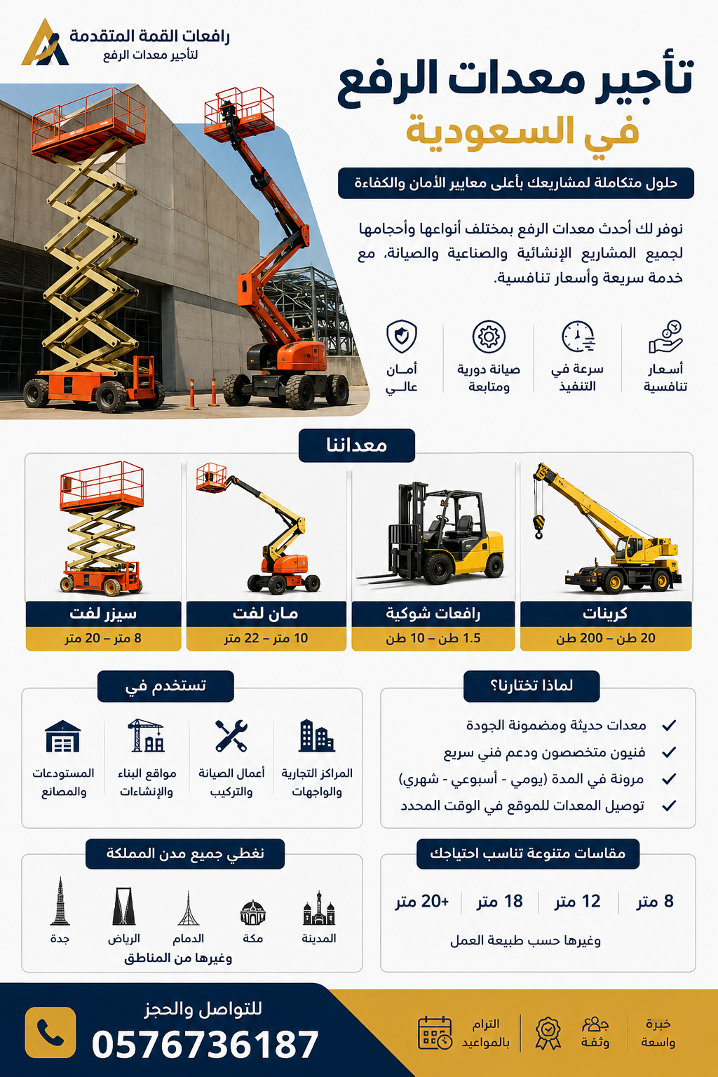 أفضل حلول تأجير معدات الرفع في السعودية للمشاريع الثقيلة – سيزر لفت، مان لفت، كرينات ورافعات احترافية