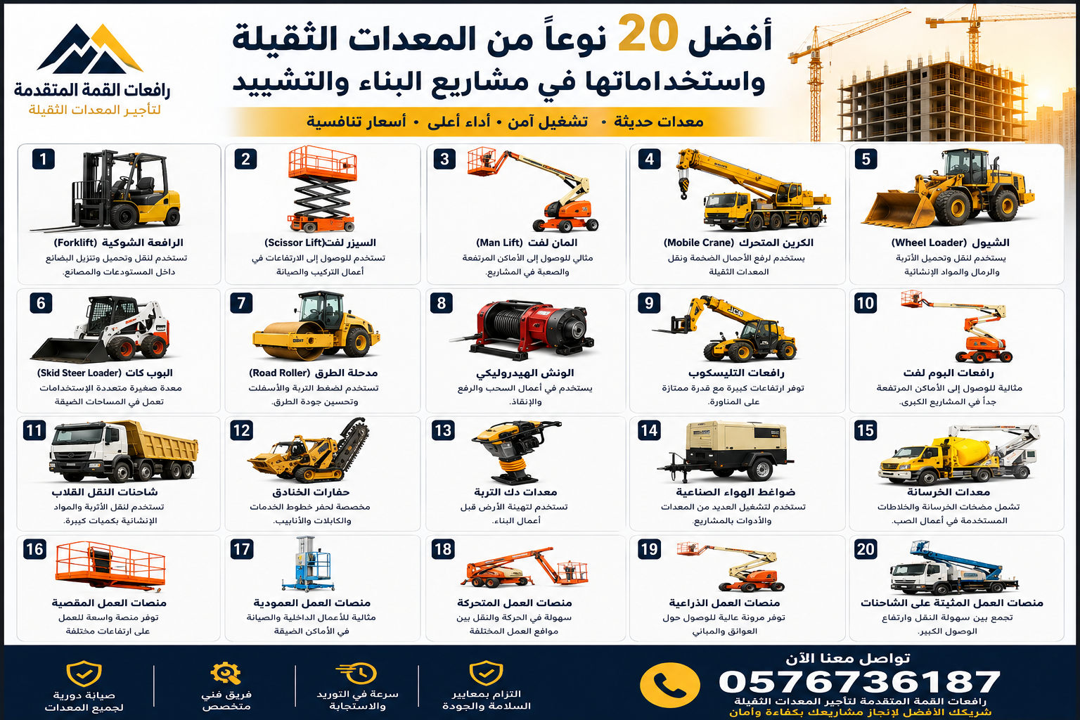 أفضل 20 نوعاً من المعدات الثقيلة واستخداماتها في مشاريع البناء والتشييد