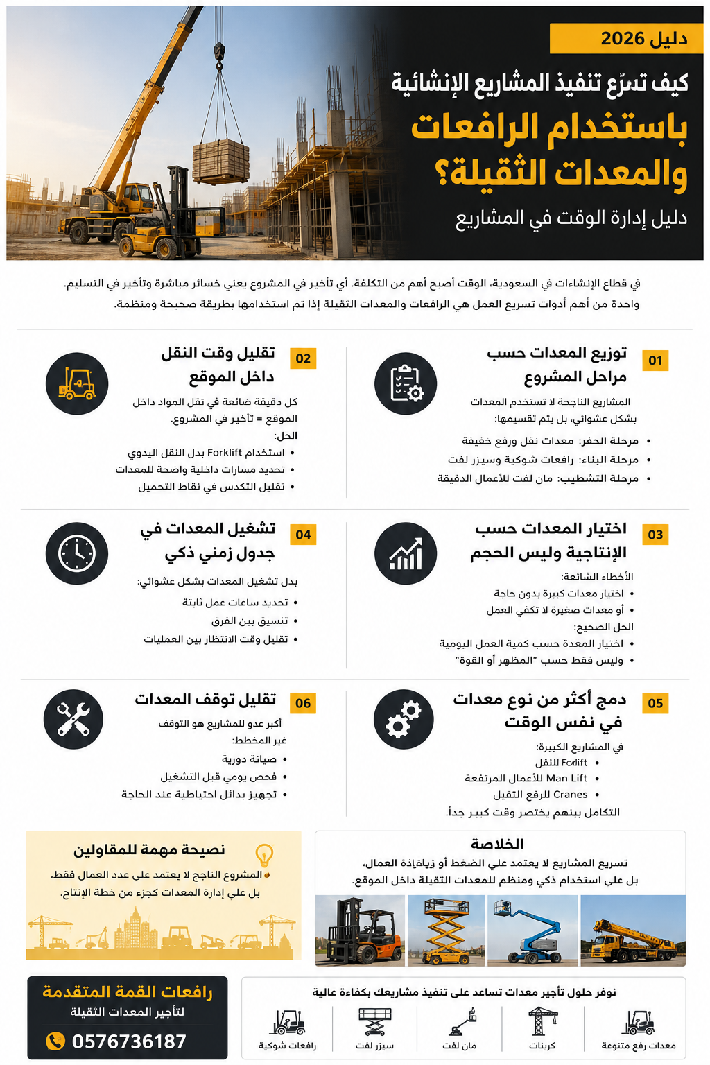كيف تسرّع تنفيذ المشاريع الإنشائية باستخدام الرافعات والمعدات الثقيلة؟ (دليل إدارة الوقت في 2026)